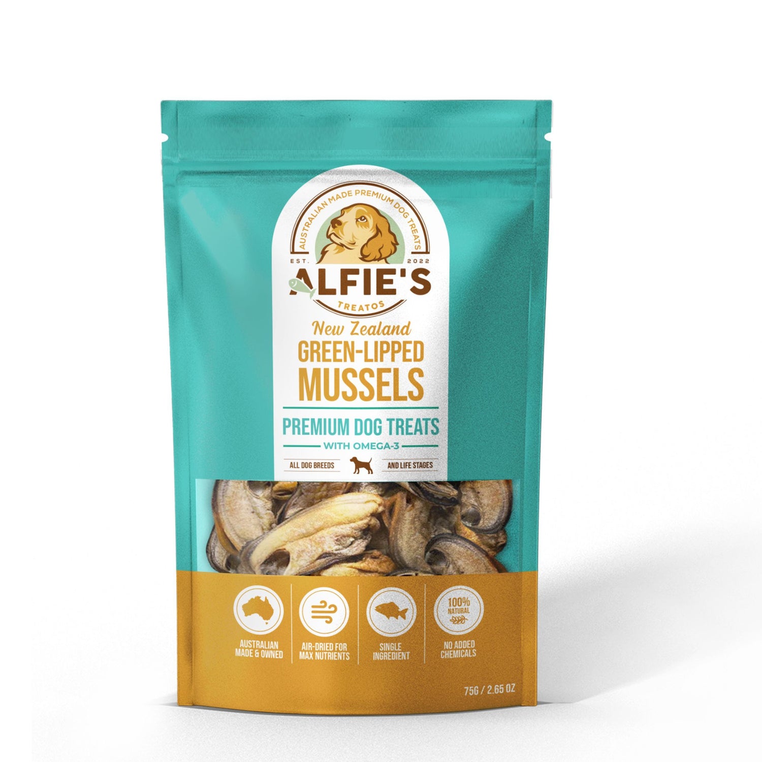 Alfie's Treatos green lipped mussel dog treats front of bag