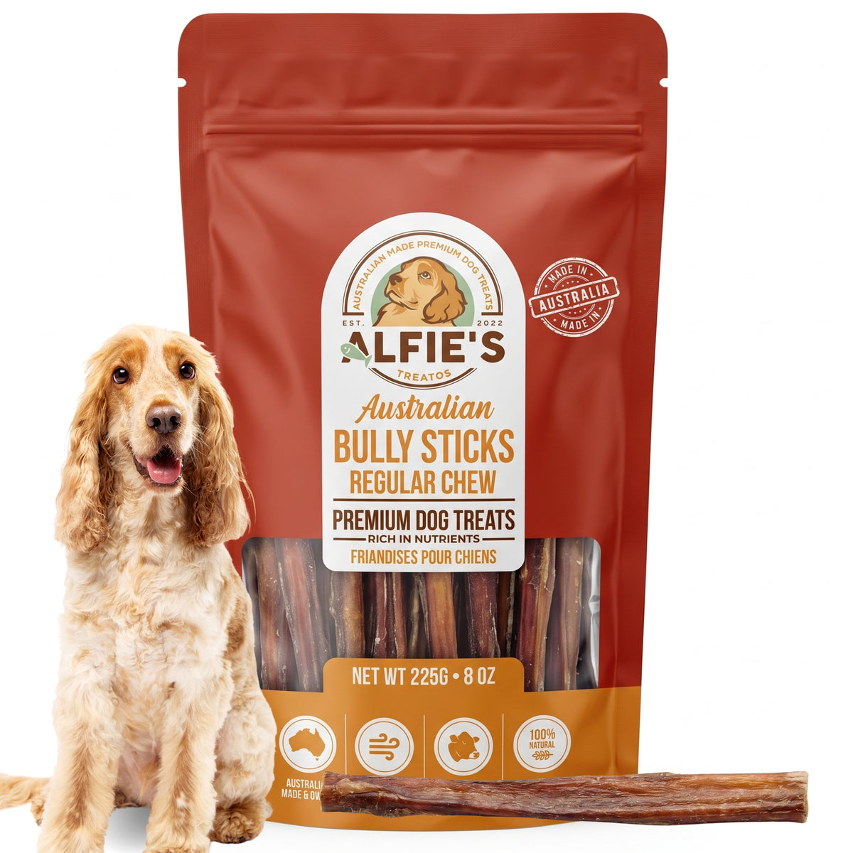 Alfie's Treatos Australian Bully Sticks Regular Chew 225g pack