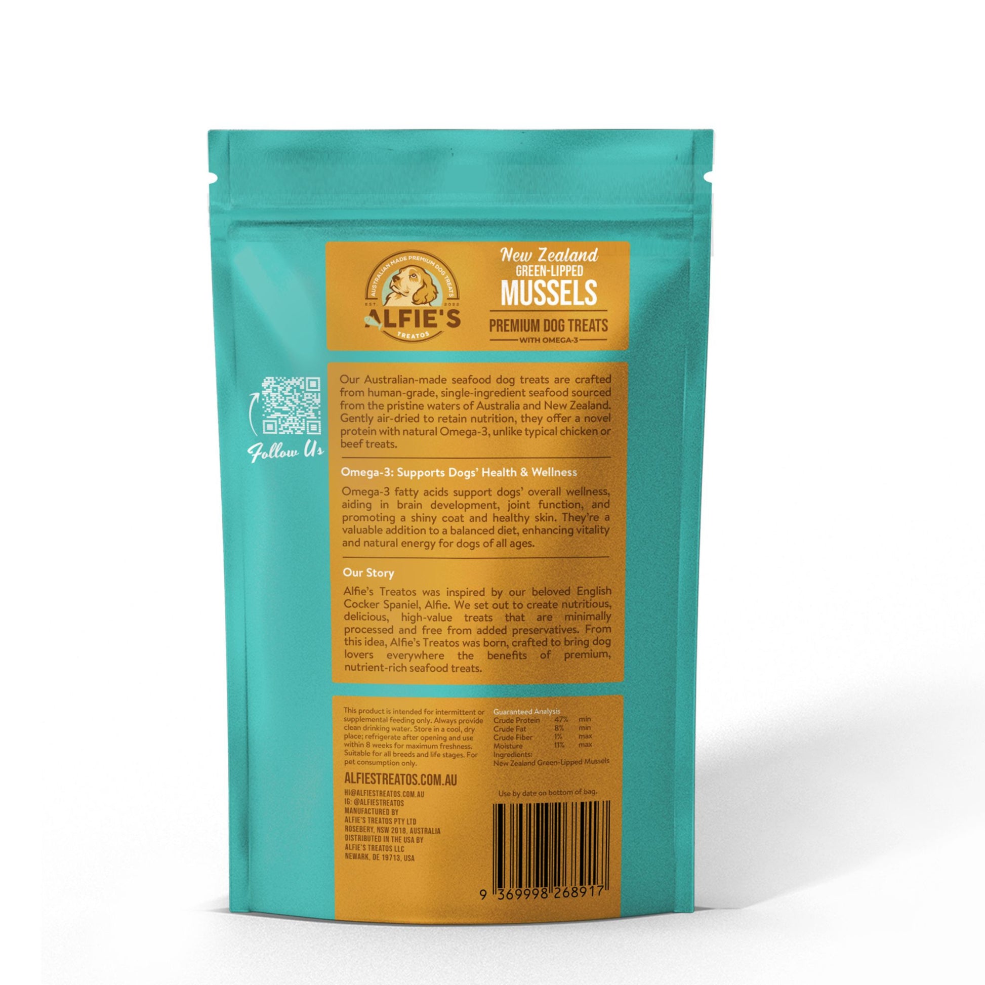 Alfie's Treatos green lipped mussel dog treats back of bag