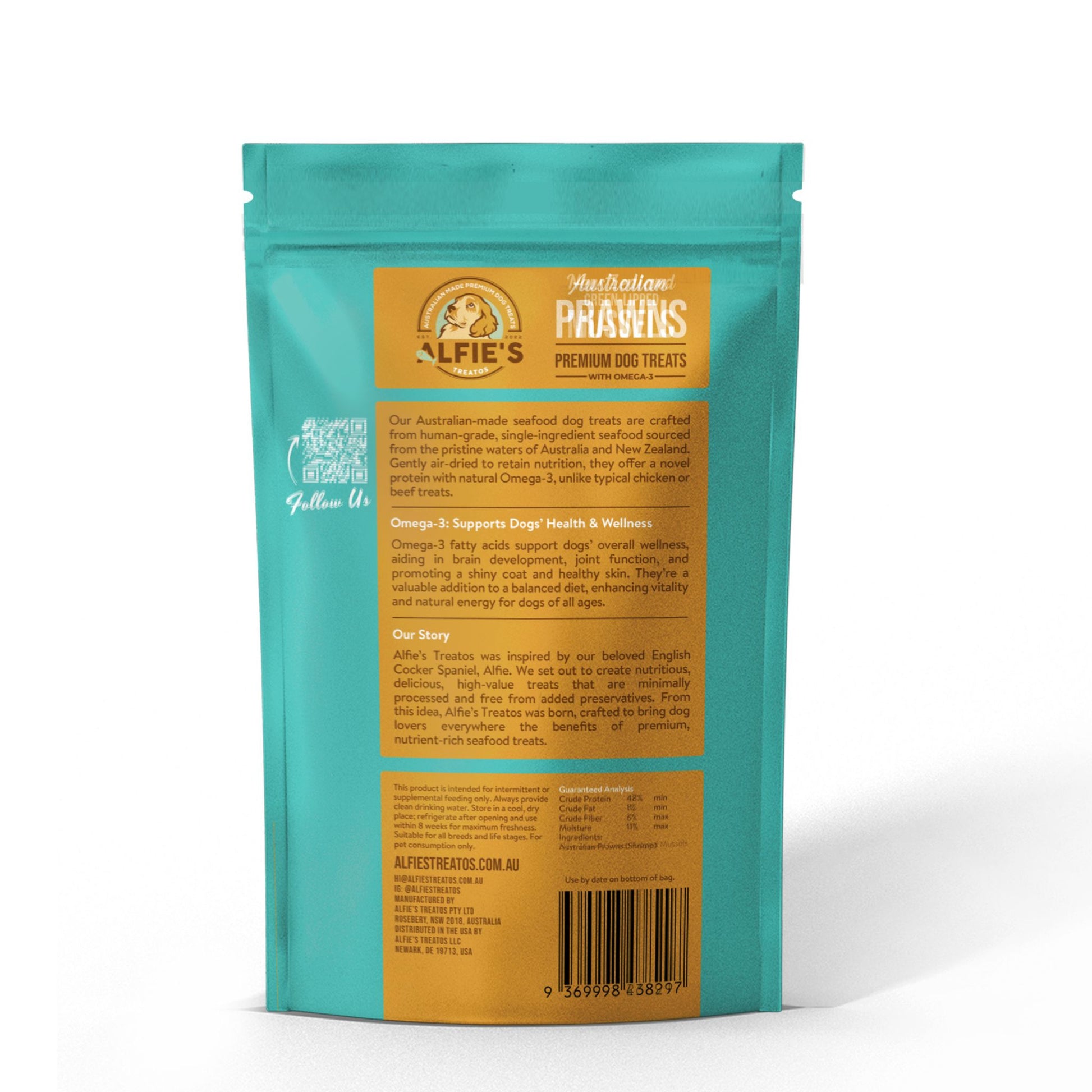 Alfie's Treatos prawn dog treats back of bag