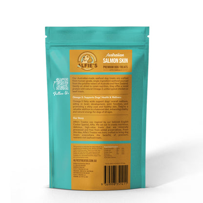 Alfie's Treatos salmon skin dog treats back of bag