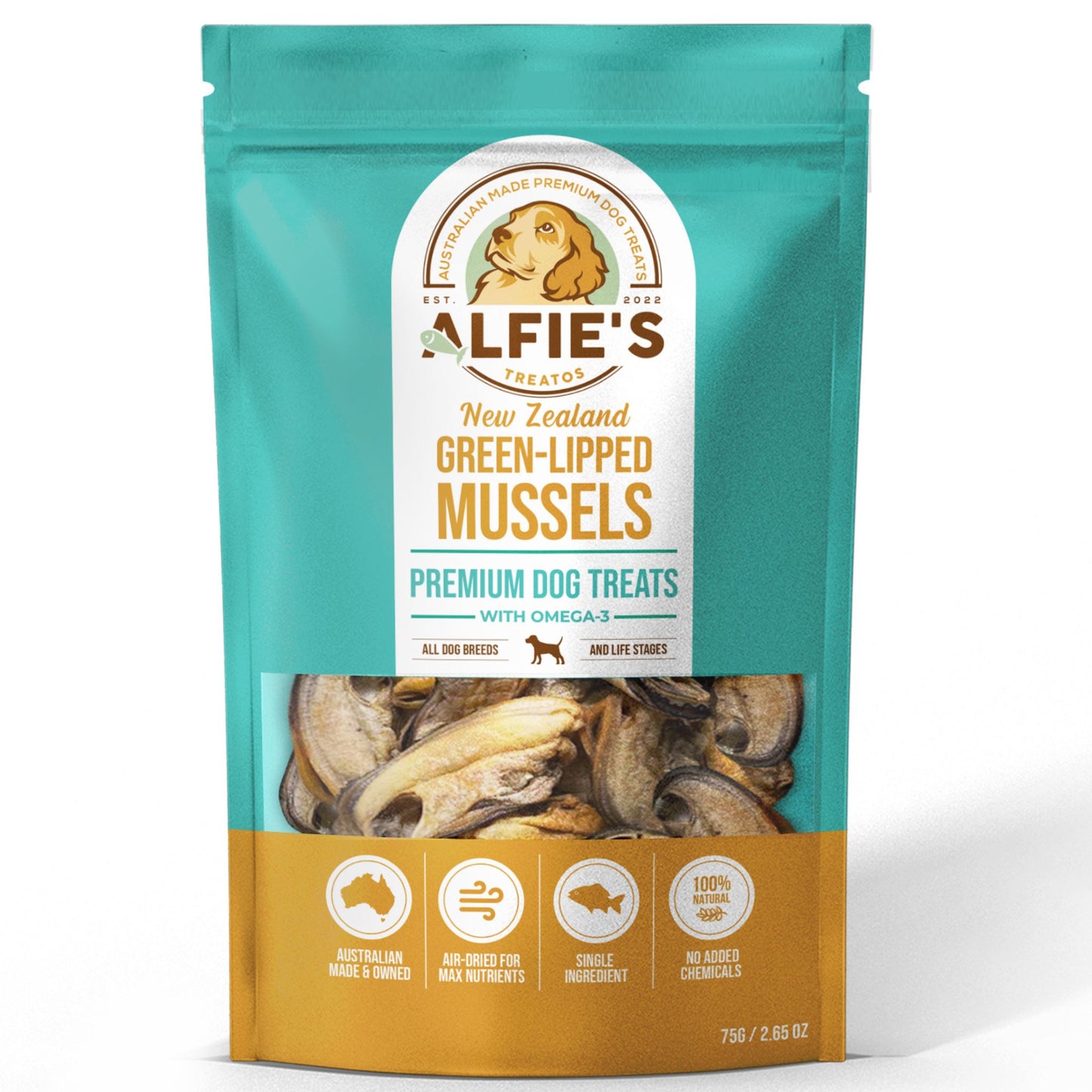 Alfie's Treatos green lipped mussel dog treats front of bag