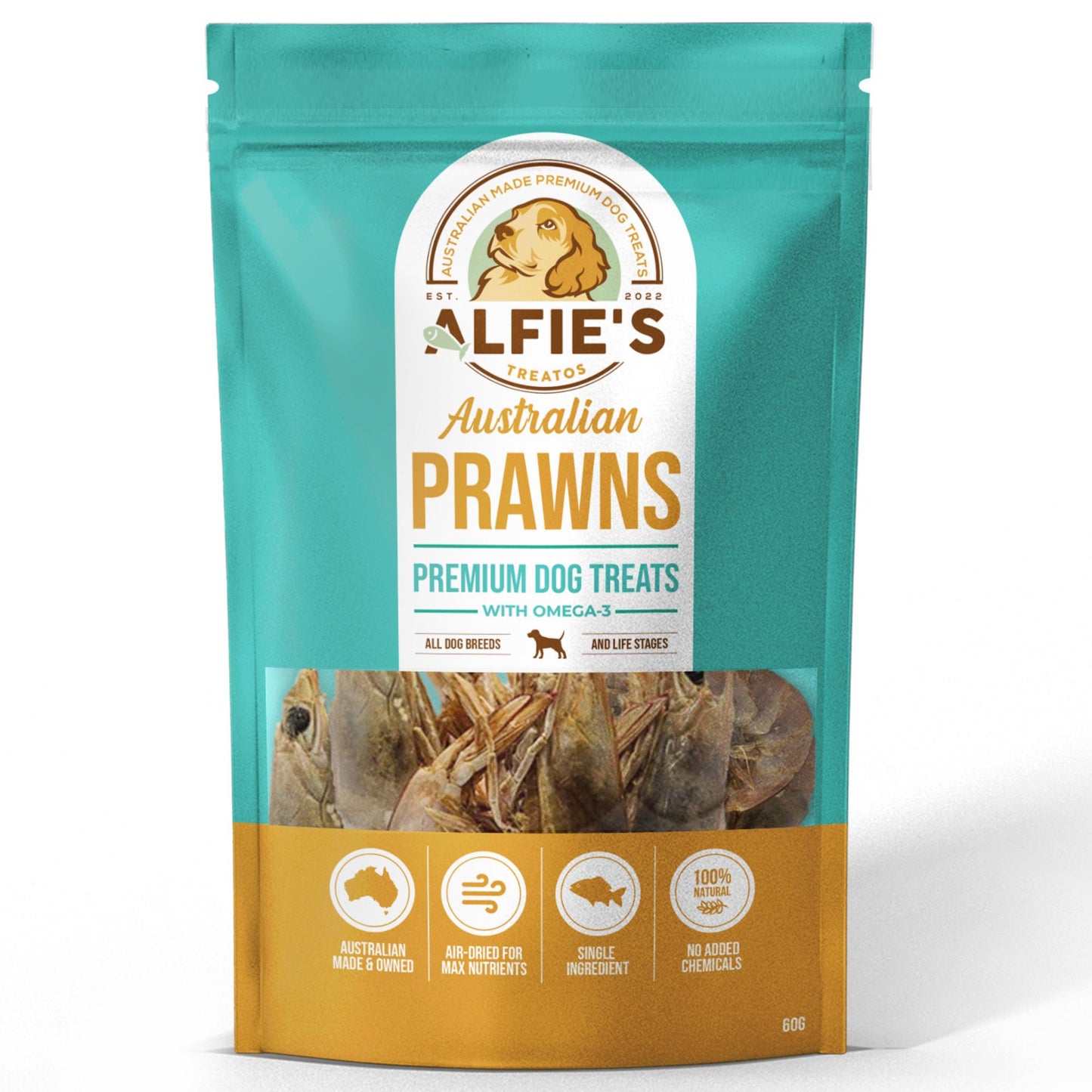 Alfie's Treatos prawn dog treats bag front