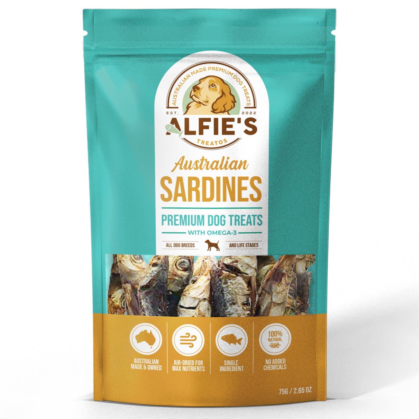 Alfie's Treatos sardines dog treats front of bag