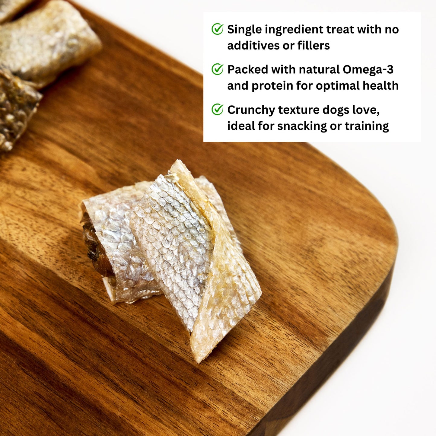 salmon skin dog treats on cutting board